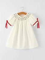 White Christmas Girls Dress With Delicate Embroidery Red Bow Rylee Faith Designs Everetts Place: Online Boutique