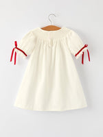 White Christmas Girls Dress With Delicate Embroidery Red Bow Rylee Faith Designs Everetts Place: Online Boutique