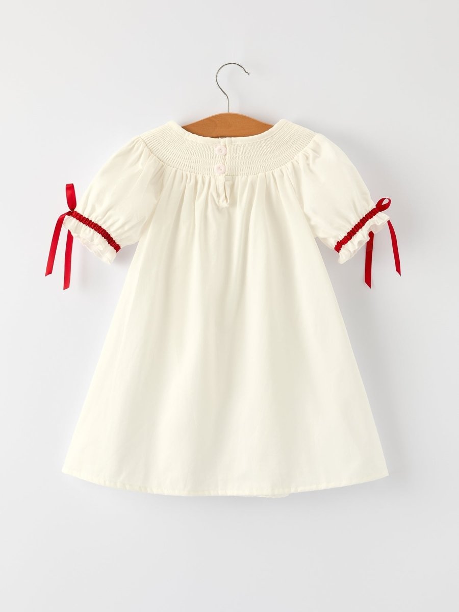 White Christmas Girls Dress With Delicate Embroidery Red Bow Rylee Faith Designs Everetts Place: Online Boutique