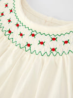 White Christmas Girls Dress With Delicate Embroidery Red Bow Rylee Faith Designs Everetts Place: Online Boutique