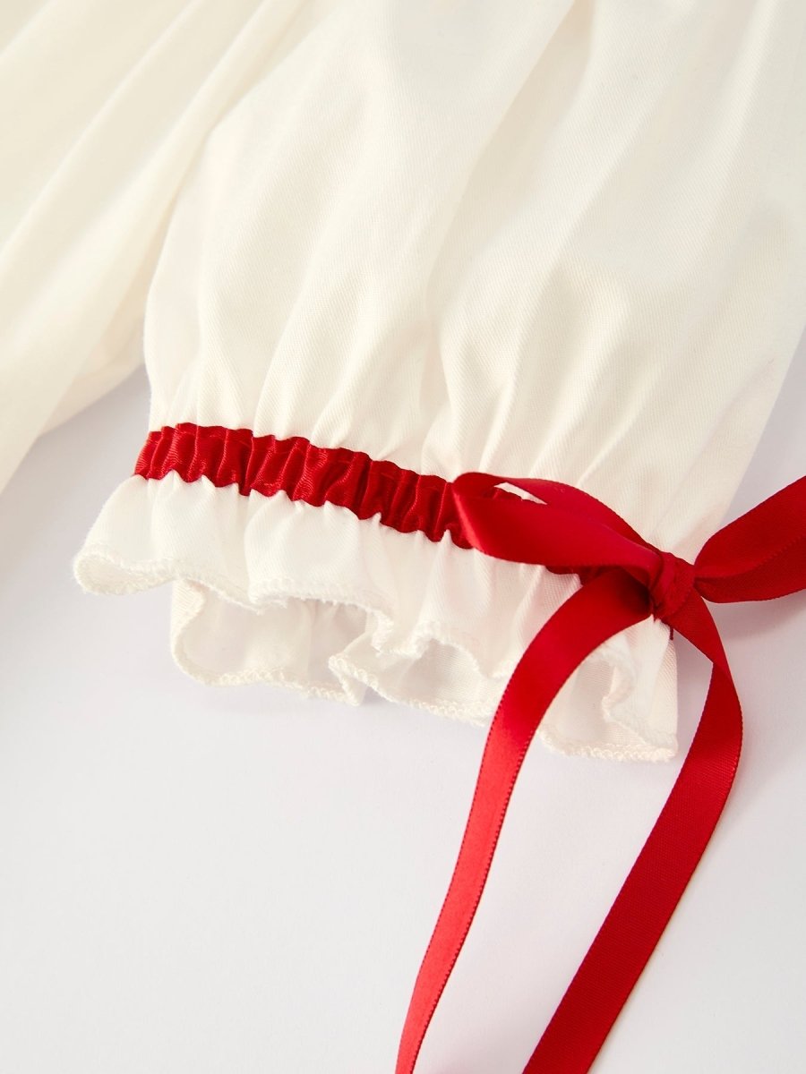 White Christmas Girls Dress With Delicate Embroidery Red Bow Rylee Faith Designs Everetts Place: Online Boutique