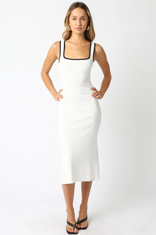 White Knit Midi Dress With Contrast Trim Square Neck PinkBlush Everetts Place: Online Boutique