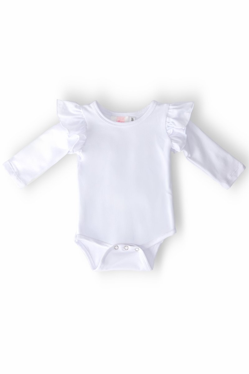 White Long Sleeve Flutter Bodysuit for Baby Mila and Rose - Everetts Place Boutique - Flutter Bodysuit L/S