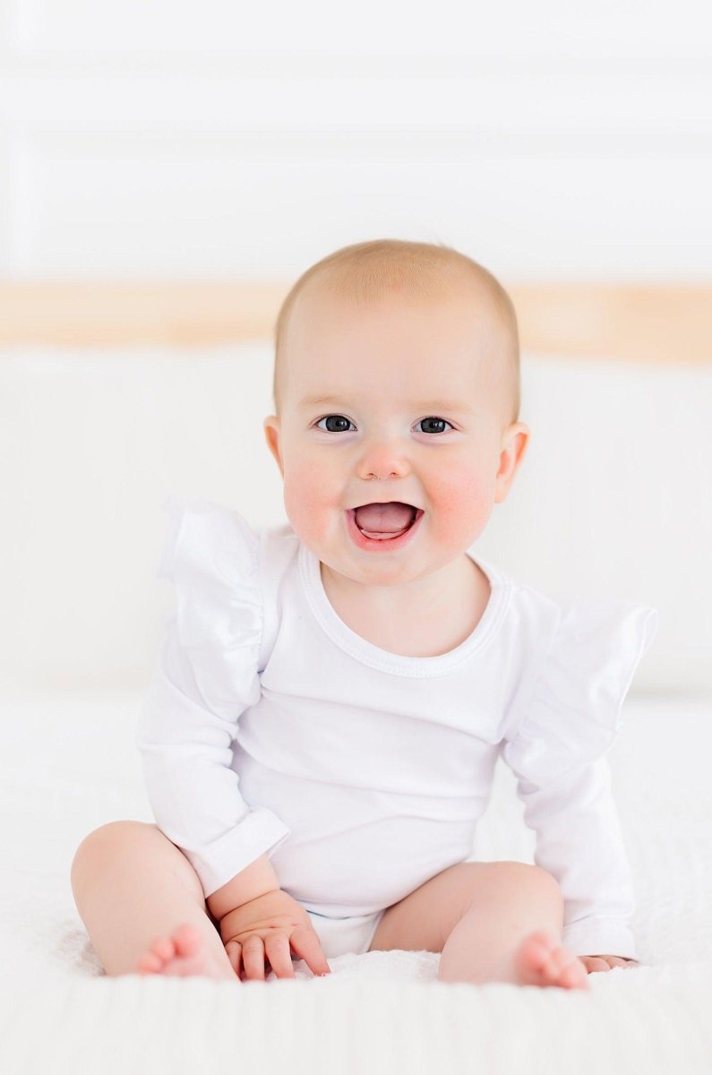 White Long Sleeve Flutter Bodysuit for Baby Mila and Rose - Everetts Place Boutique - Flutter Bodysuit L/S