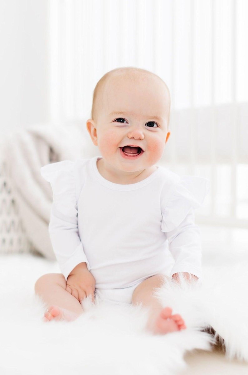 White Long Sleeve Flutter Bodysuit for Baby Mila and Rose - Everetts Place Boutique - Flutter Bodysuit L/S