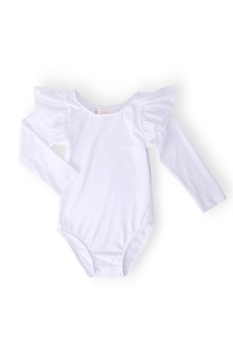White Long Sleeve Flutter Sleeve Leotard For Girls Dance - Everetts Place Boutique - Flutter Leotard L/S