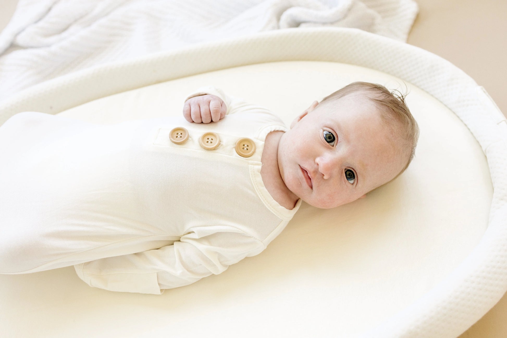 White Newborn Bamboo Gown Ultra Soft With Button Accent Little Joy Co. Everetts Place: Online Boutique