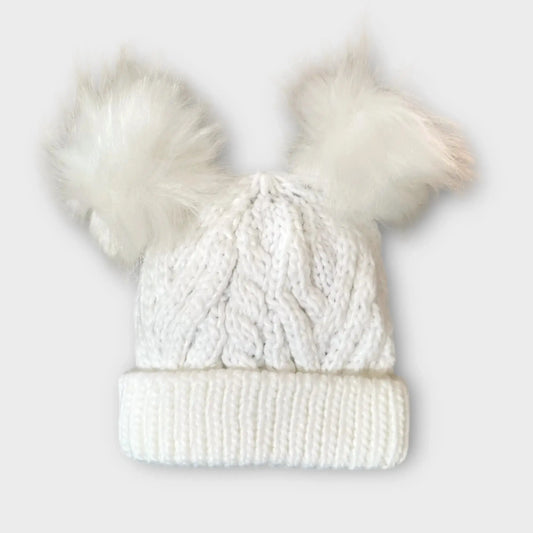 White Pom Beanie Cable Knit Hat with Furry Pom Poms Kolorful Everetts Place: Online Boutique