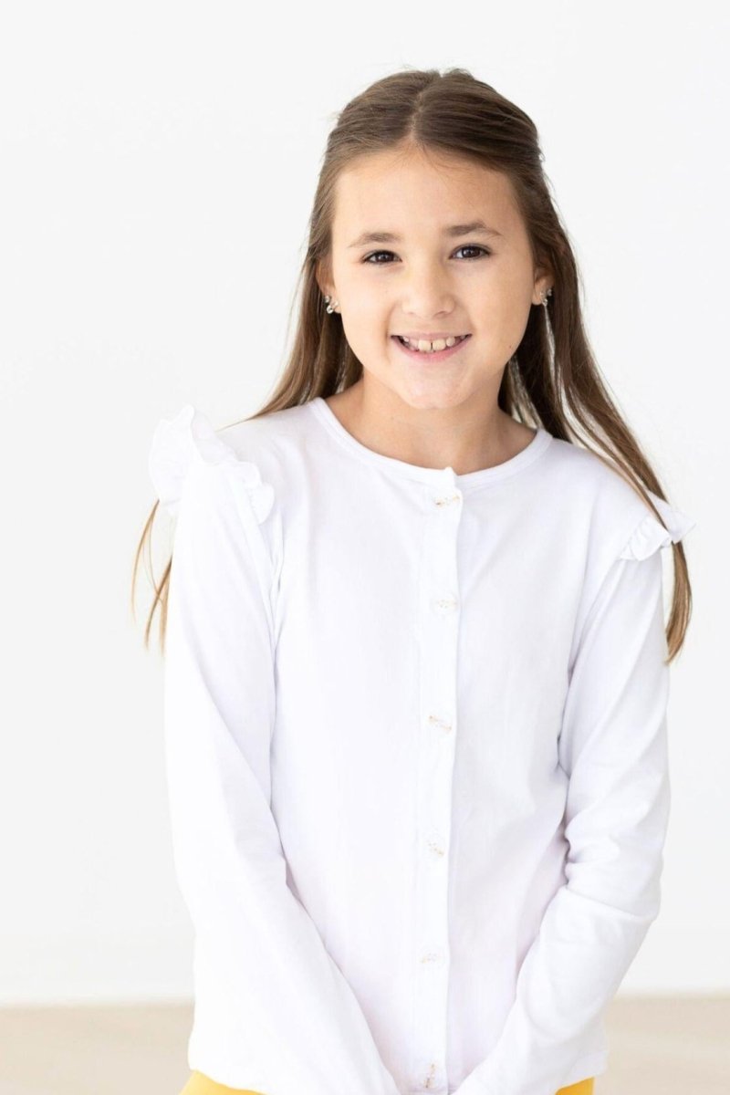 White Ruffle Cardigan For Girls Lightweight Knit Cardigan - Everetts Place Boutique - Ruffle Cardigan