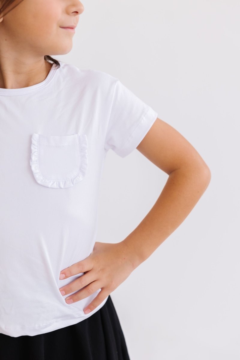 White Ruffle Pocket Tee For Girls Boxy Casual Top Tee - Everetts Place Boutique - Ruffle Pocket Tee