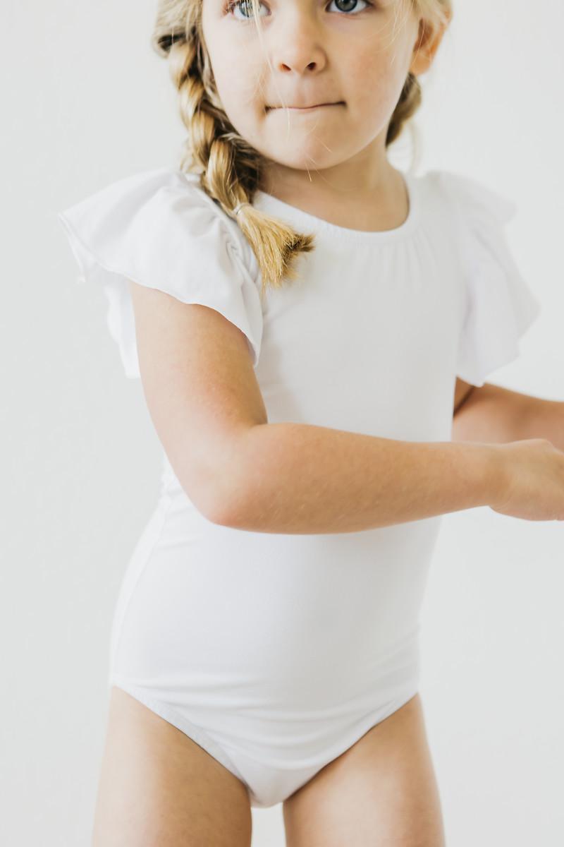 White Short Sleeve Flutter Leotard For Girls Ballet Class - Everetts Place Boutique - Flutter Leotard S/S
