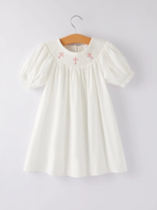 White Smocked Church Christ Bishop Christening Dress for Girls Rylee Faith Designs Everetts Place: Online Boutique