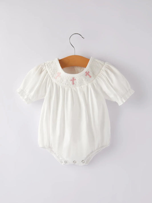 White Smocked Church Christ Bishop Christening Girls Romper Rylee Faith Designs Everetts Place: Online Boutique