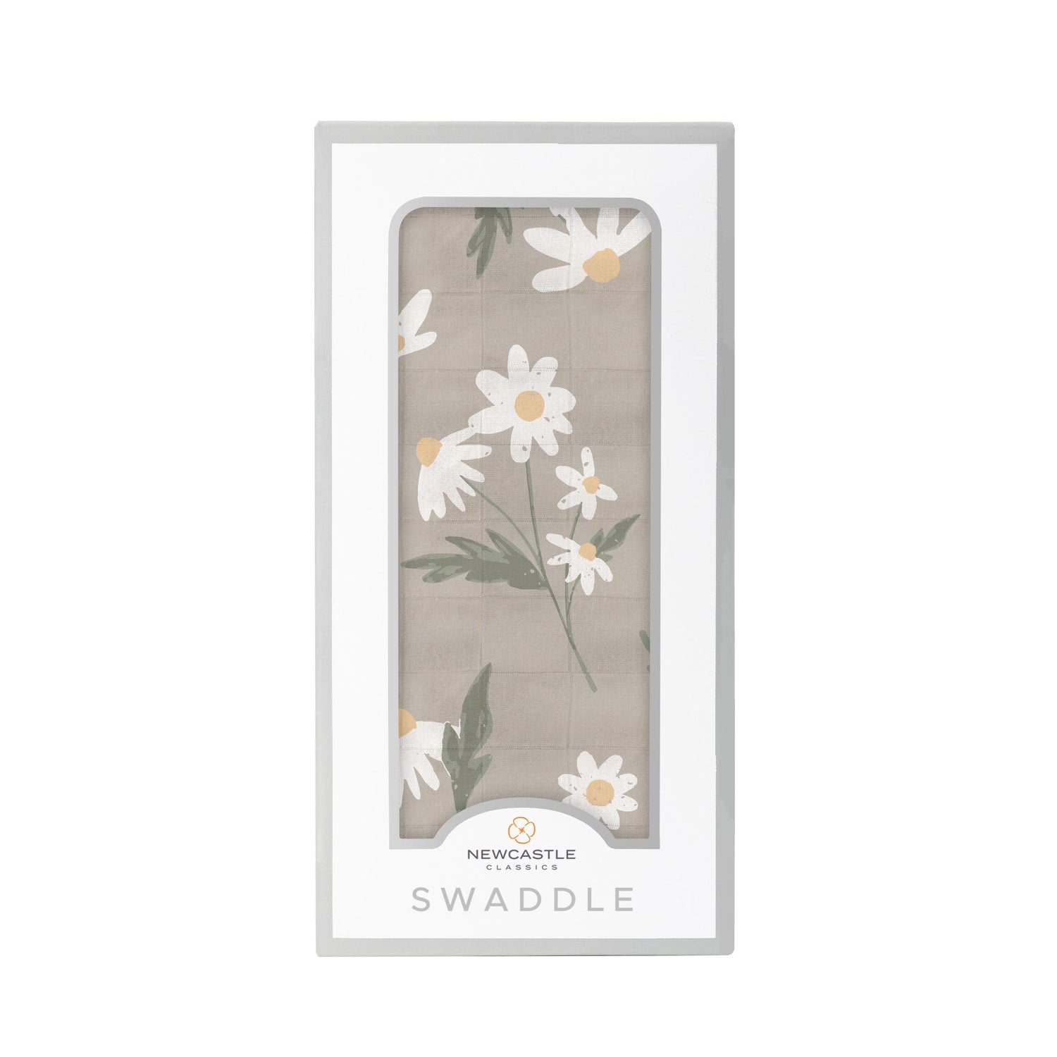 Bamboo muslin swaddle blanket with a white daisy floral pattern spread flat.