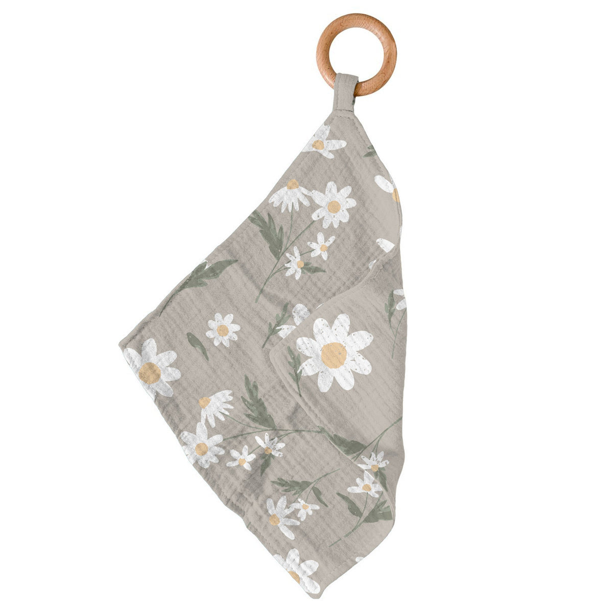 Bamboo mini blankie with white daisy print attached to a round wooden teething ring