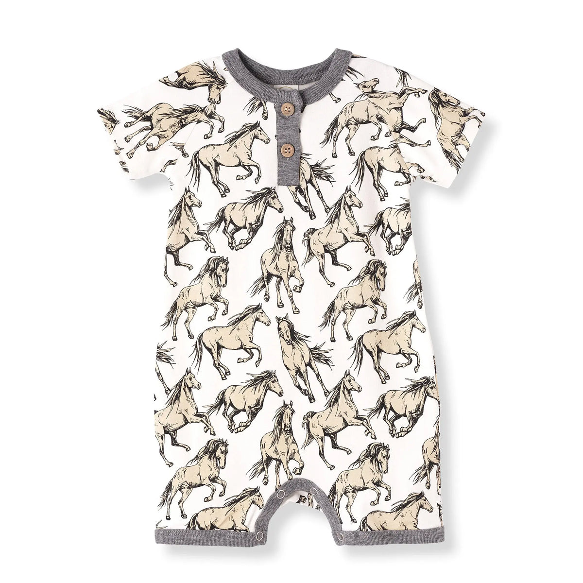 Wild Horses Print Bamboo Short Henley Romper For Baby With Front Buttons Tesa Babe 