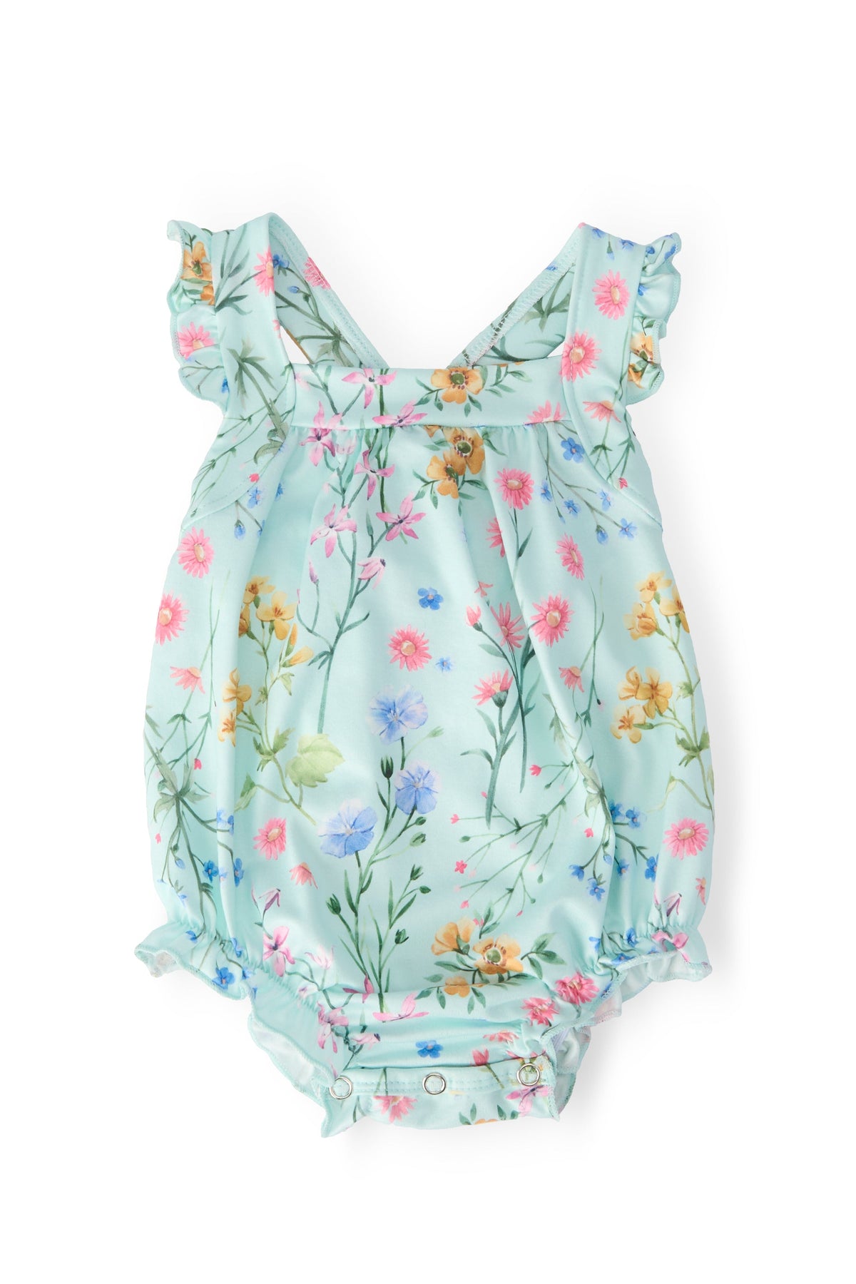 Wild Woods print ruffle romper with criss-cross back straps and a shoulder ruffle, snap closure at bottom