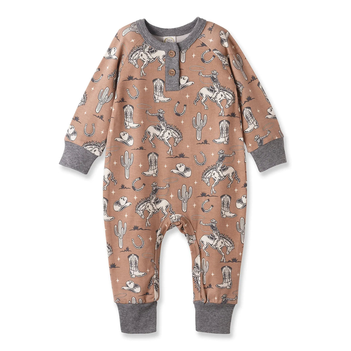 Tesa Babe Wild Wrangler/Brown Western Bamboo Henley Romper for Babies - 