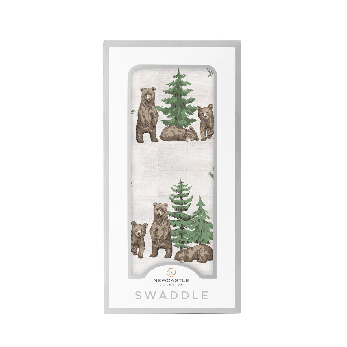 Bamboo muslin swaddle blanket printed with brown bears, wolves, and pine trees in a woodland scene