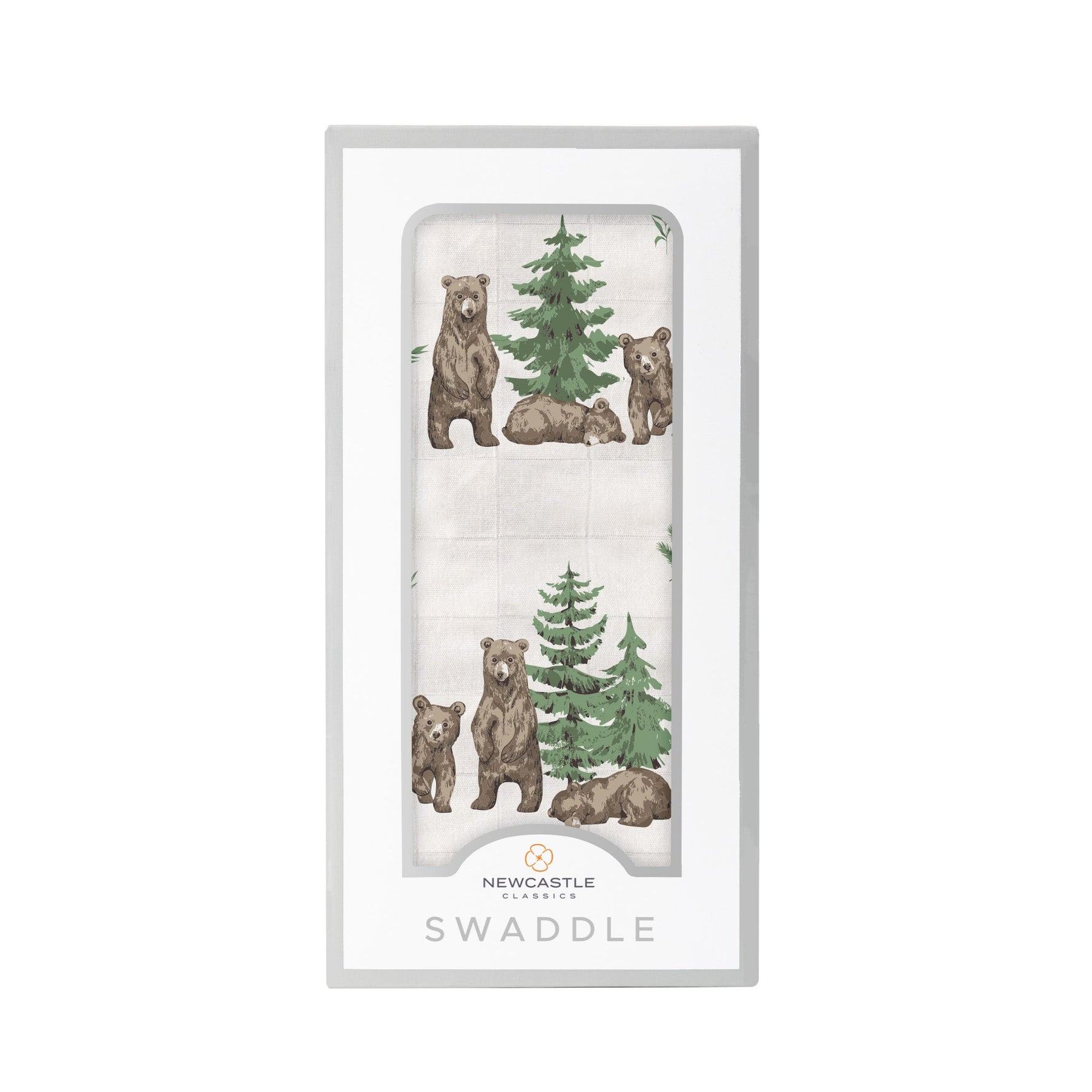 Bamboo muslin swaddle blanket printed with brown bears, wolves, and pine trees in a woodland scene