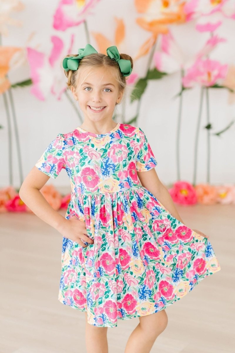 Wildflower Wishes Short Sleeve Pocket Twirl Dress for Girls - Everetts Place Boutique - Twirl Pocket Dress S/S