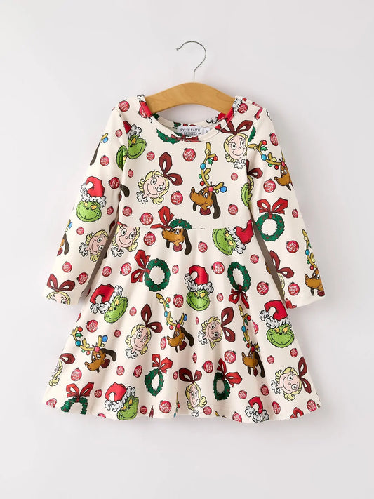Winter Christmas Character Colorful Print Girls Dress Rylee Faith Designs Everetts Place: Online Boutique