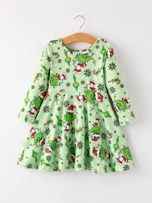 Winter Christmas Character Print Green Girls Dress Rylee Faith Designs Everetts Place: Online Boutique