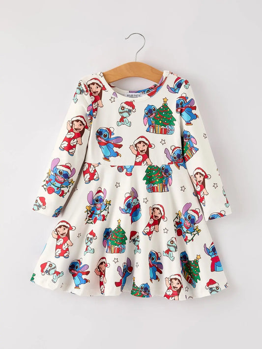 Winter Christmas Tree Character Print Girls Long Sleeve Casual Dress Rylee Faith Designs