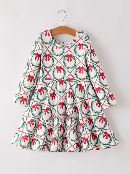 Winter Christmas Wreath and Bow Print Girls Dress Rylee Faith Designs Everetts Place: Online Boutique