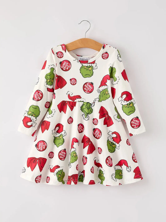Winter Dress Christmas Santa Hat Character Print Green Rylee Faith Designs Everetts Place: Online Boutique