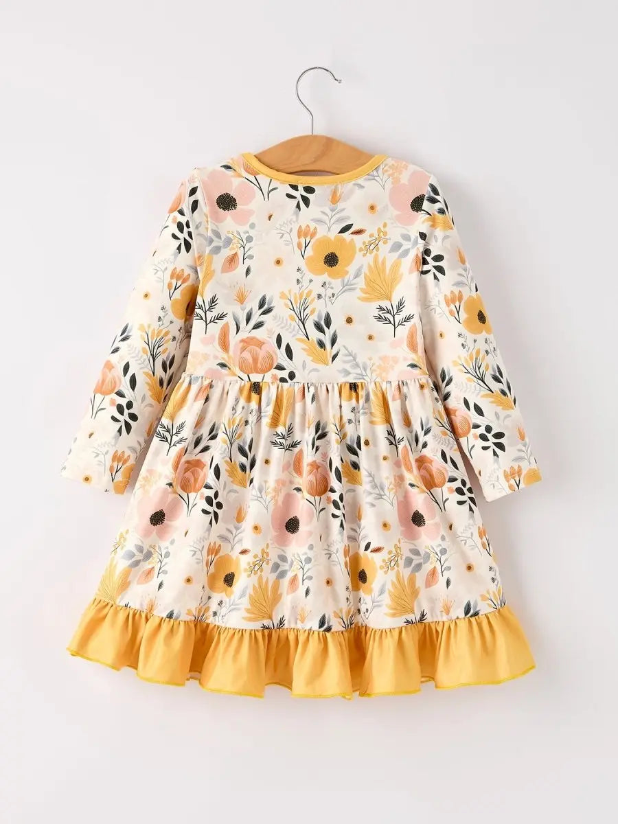 Rylee Faith Designs Winter Floral Long Sleeve Ruffled Girls Dress - 