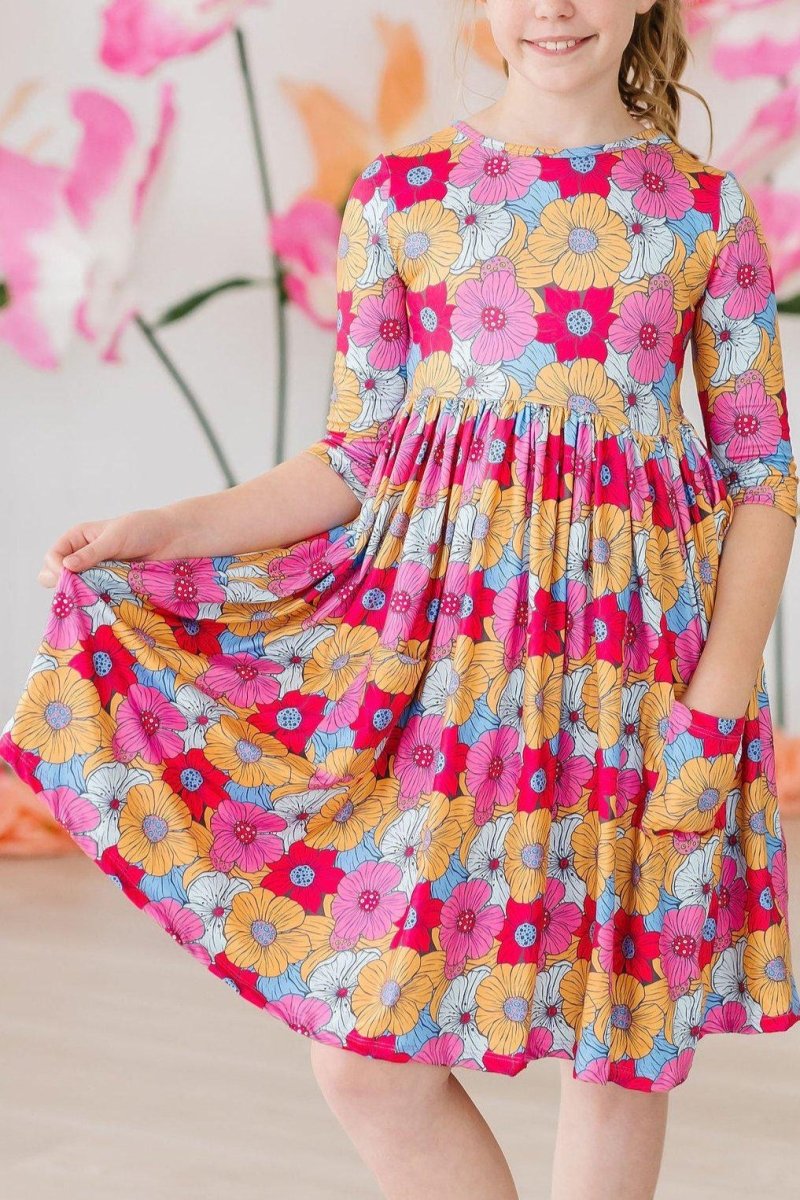 Wonderland Floral Three Quarter Sleeve Pocket Twirl Dress Mila & Rose ® Everetts Place: Online Boutique