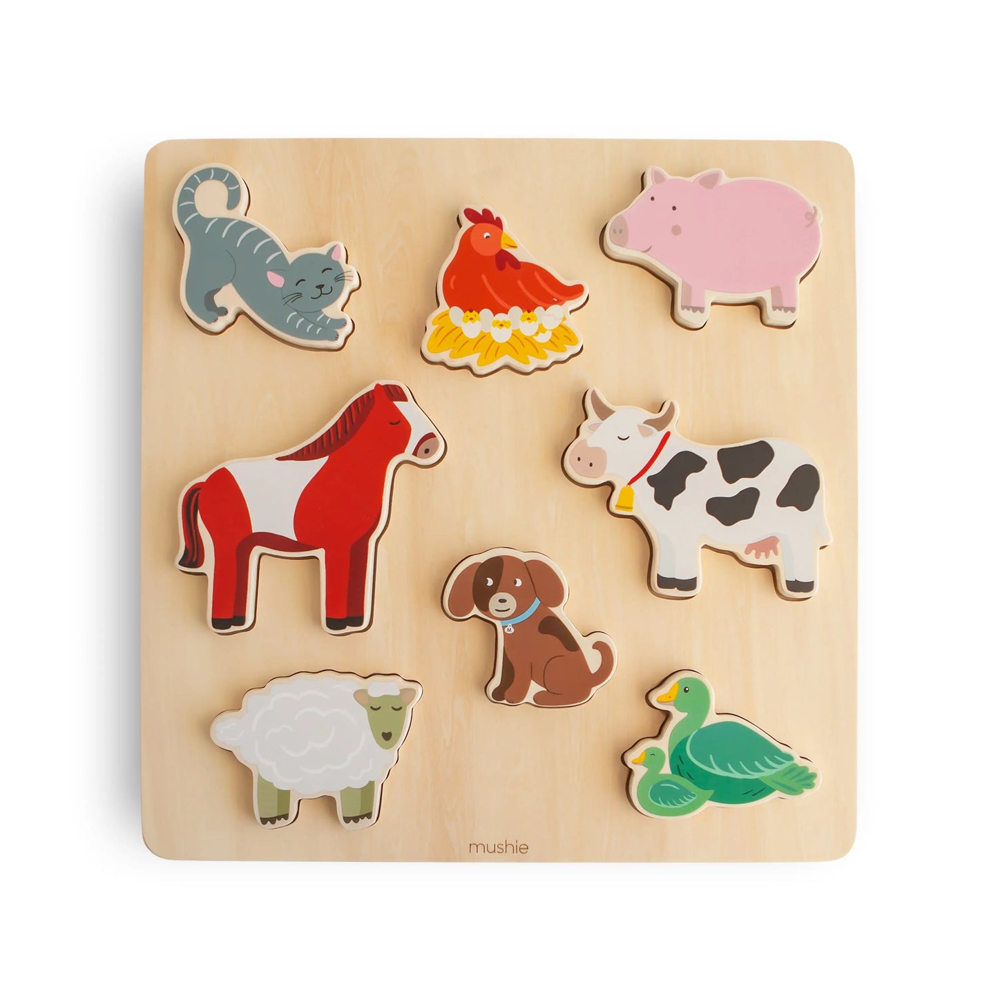Wooden Farm Puzzle for Kids with Eight Barnyard Animal Pieces and Non-Toxic Paint Mushie