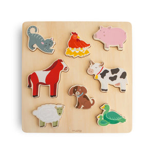 Wooden puzzle with smooth pieces sized for small hands to grasp and place.