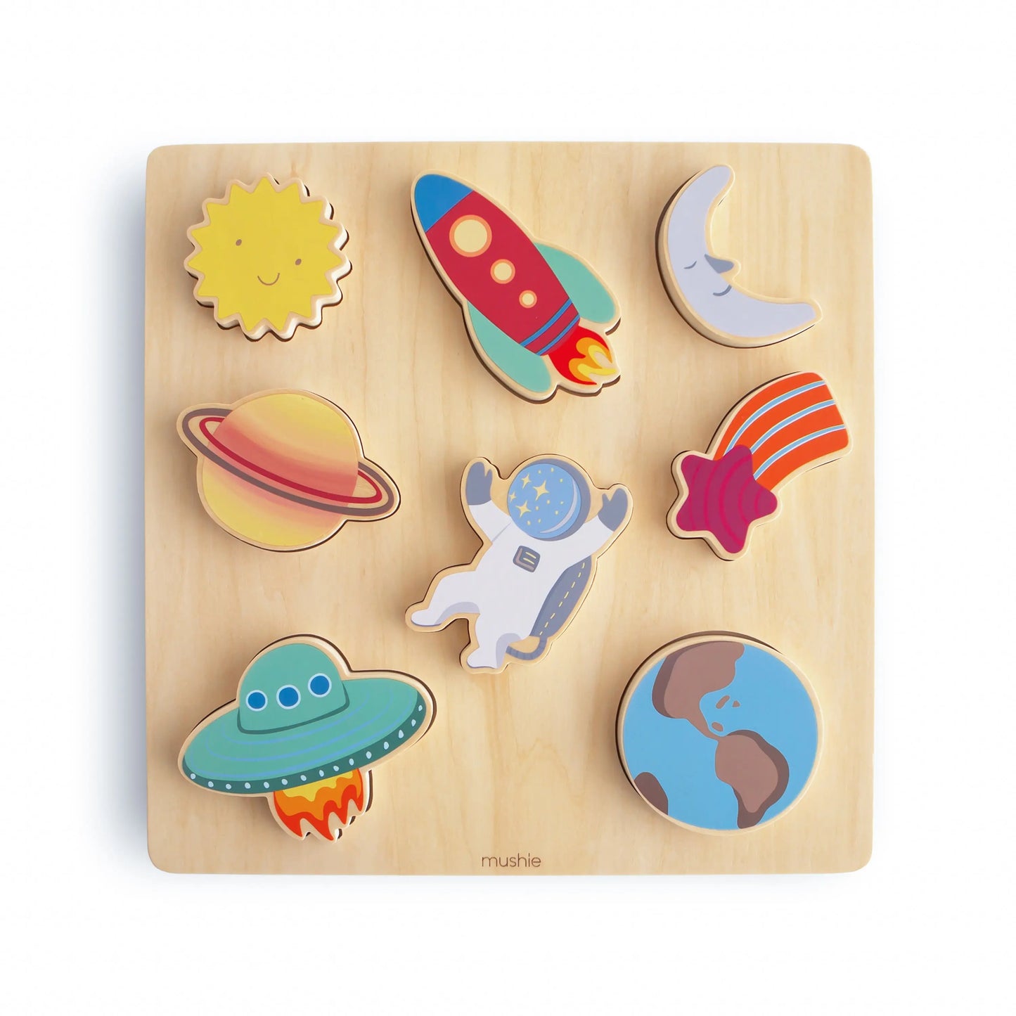 Wooden Space Puzzle for Kids with Eight Colorful Pieces and Smooth Edges Mushie