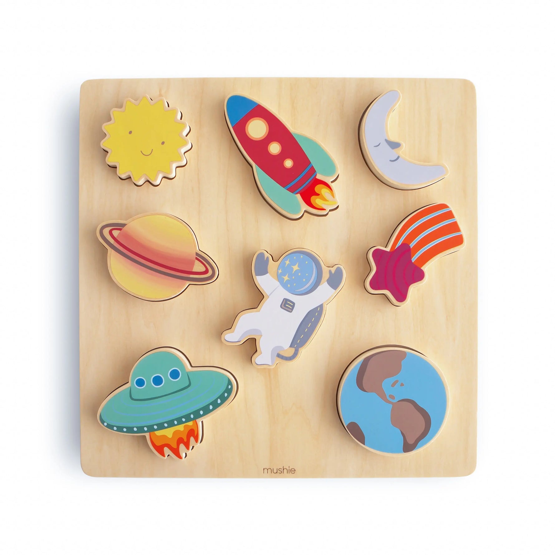 Mushie Wooden Space Puzzle for Kids with Eight Colorful Pieces and Smooth Edges - Toys & Games > Puzzles > Wooden & Pegged Puzzles Wooden Puzzle