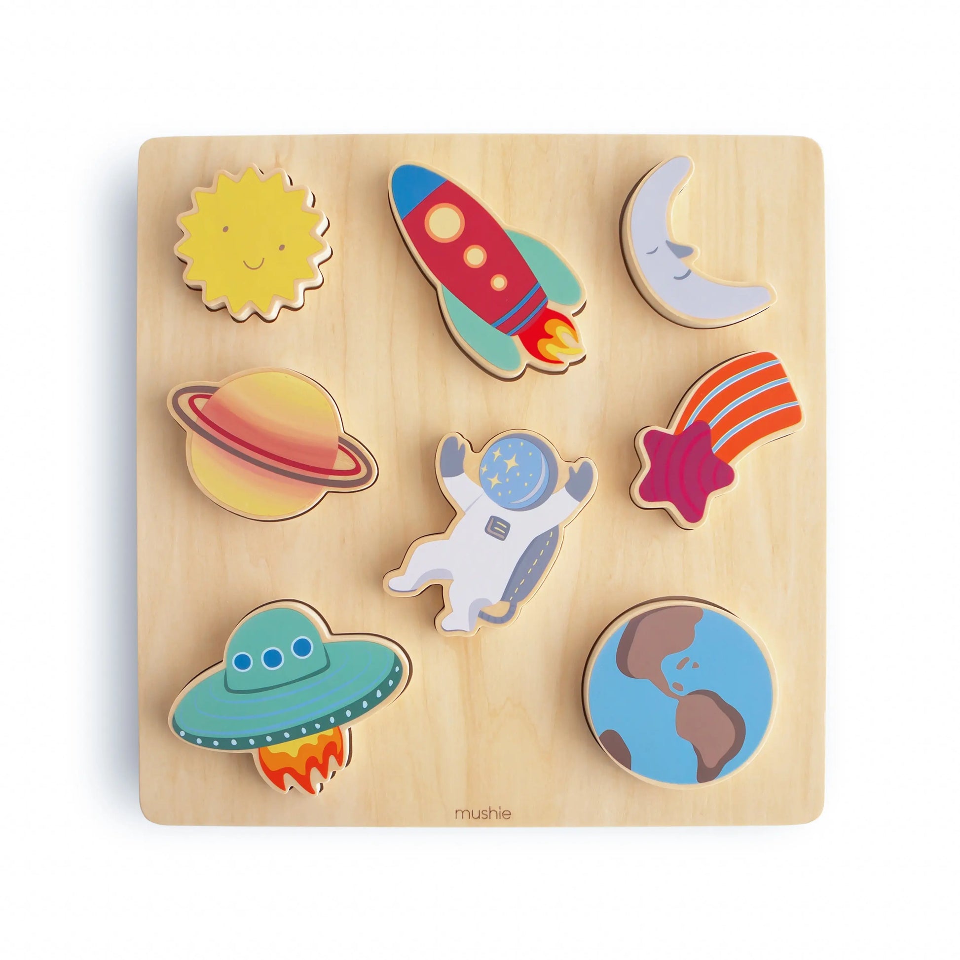 Wooden Space Puzzle for Kids with Eight Colorful Pieces and Smooth Edges Mushie