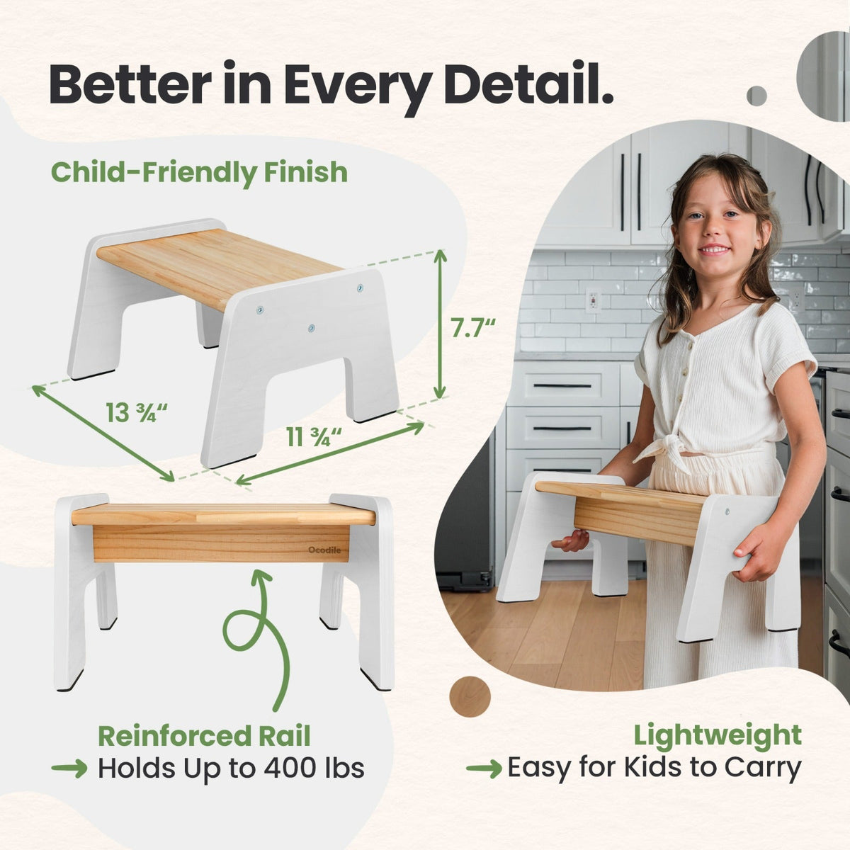 Wooden Kids Step Stool - 1-Step Multi-Purpose by Ocodile.com