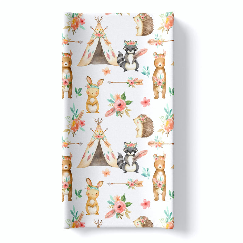 Woodland Tribe changing pad cover with colorful animal and floral design.
