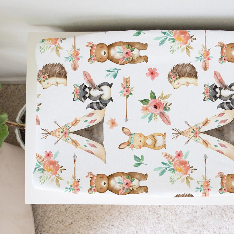 Woodland Tribe changing pad cover with soft, stretchy fabric featuring woodland animal design.