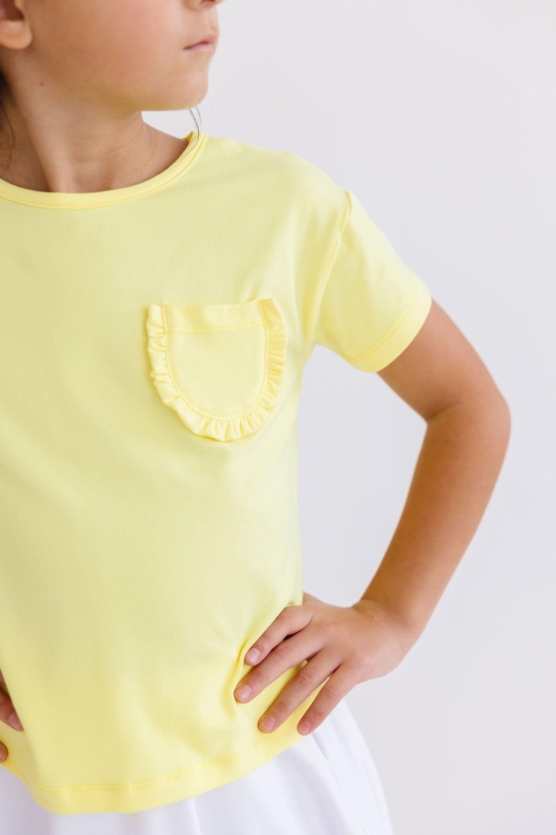 Yellow Ruffle Pocket Tee for Girls Boxy Fit Casual - Everetts Place Boutique - Ruffle Pocket Tee