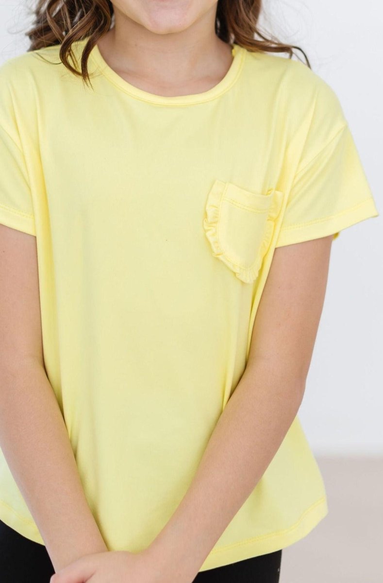 Yellow Ruffle Pocket Tee for Girls Boxy Fit Casual - Everetts Place Boutique - Ruffle Pocket Tee