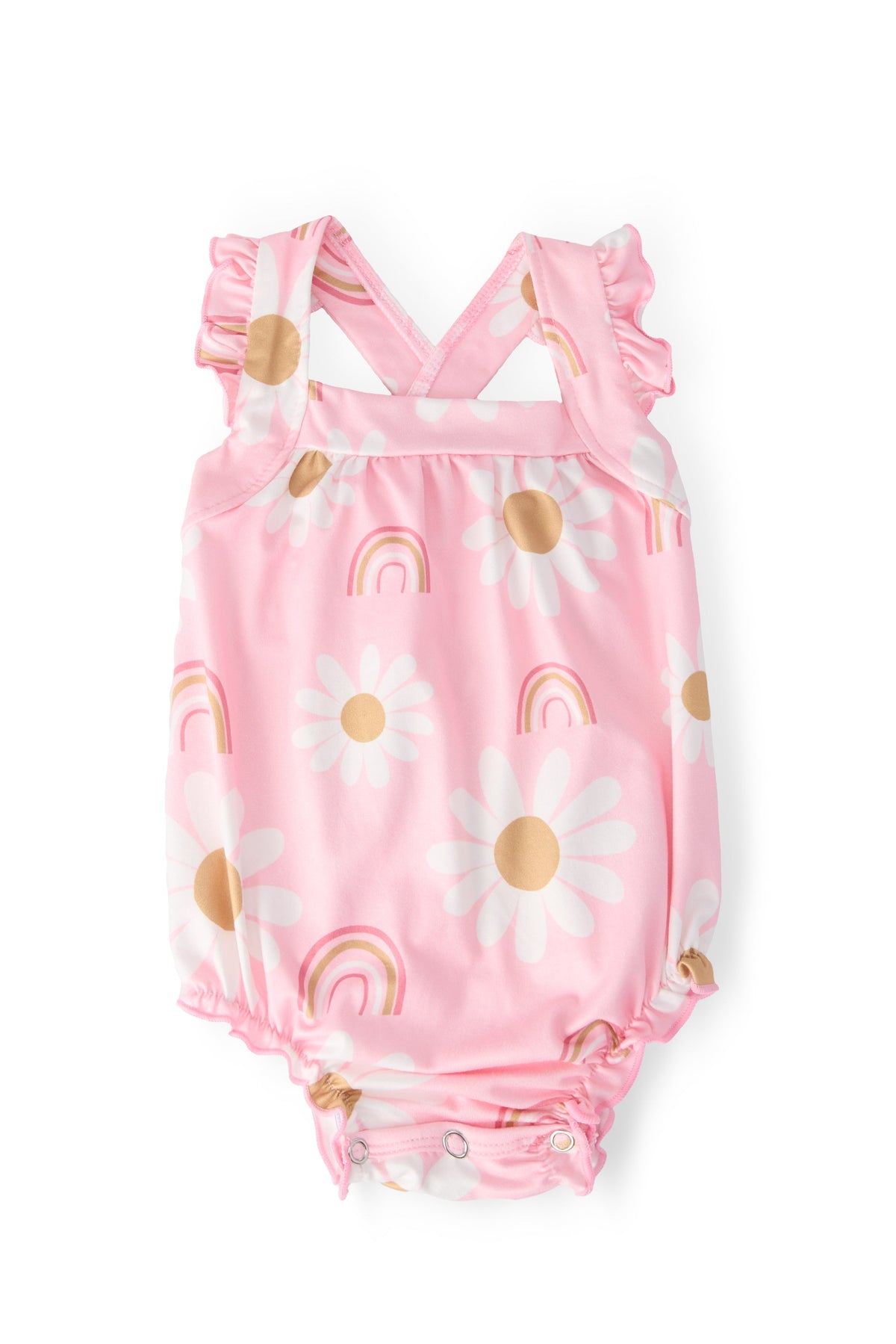 Ruffle romper in You Are My Sunshine print with criss-cross back straps and a ruffle on the shoulder
