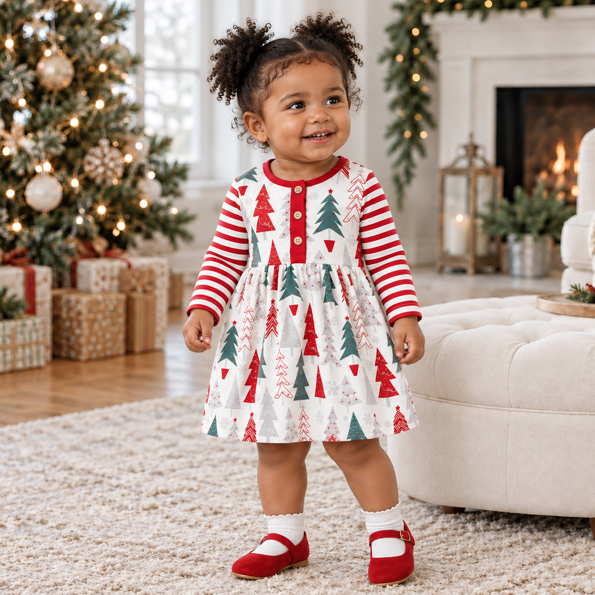 Baby Girl's Cotton Rib Christmas Trees Dress