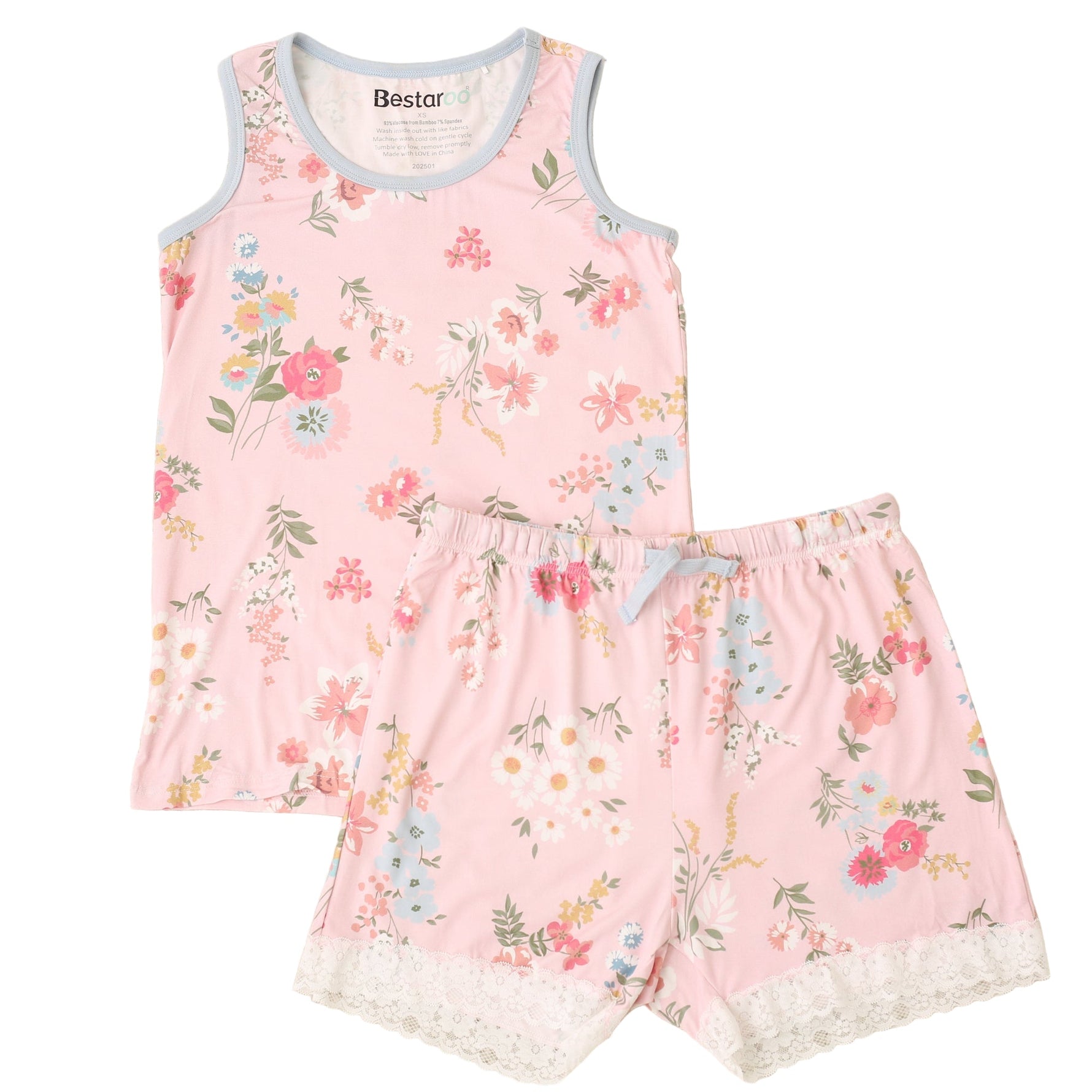 Women's two-piece loungewear set with tank top and ruffle-hem shorts in a small ditzy floral print