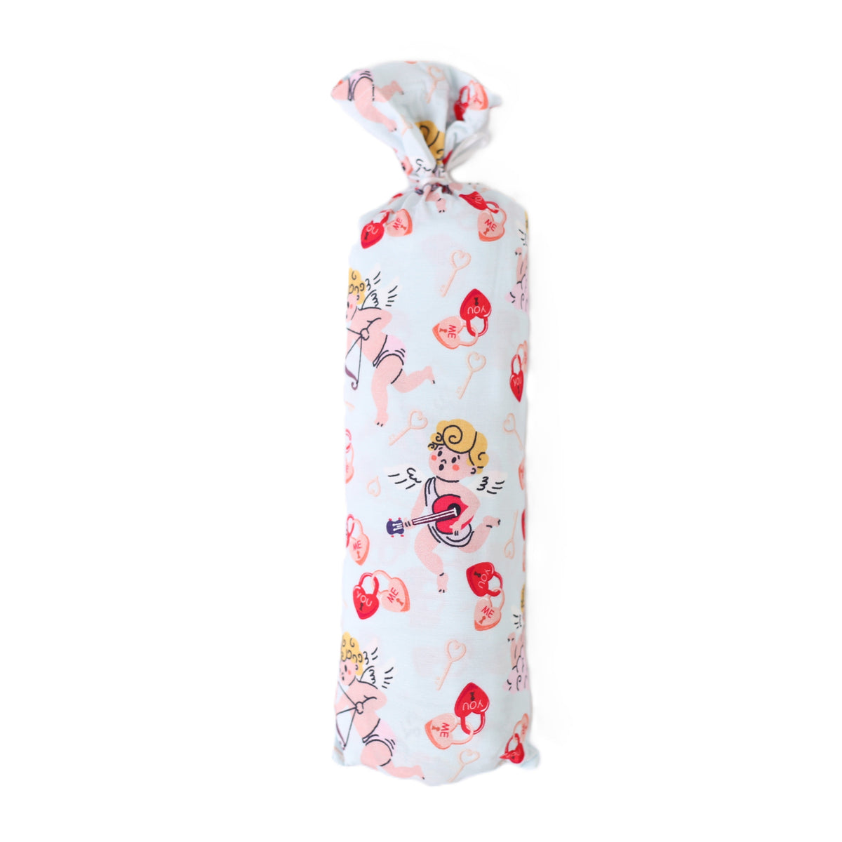 Baby swaddle blanket with pink cupids bow print, spread flat to show the full square design.