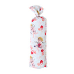 Baby swaddle blanket with pink cupids bow print, spread flat to show the full square design.