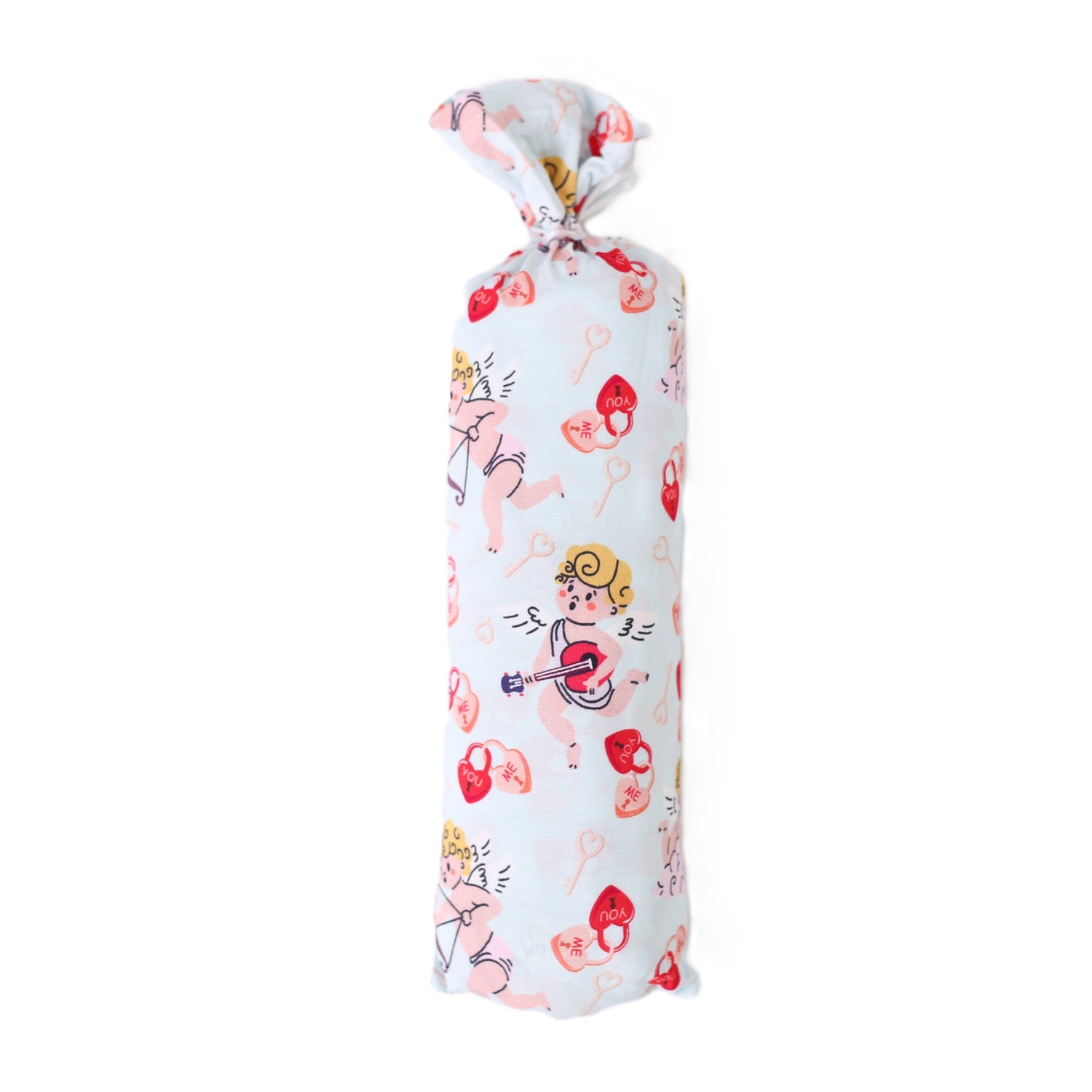 Baby swaddle blanket with pink cupids bow print, spread flat to show the full square design.