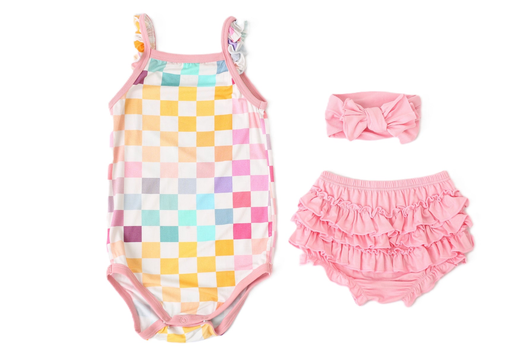 Pastel checked baby bloomer set with matching bodysuit and a stretchy headband