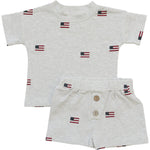Mebie Baby organic baby short set with flag-themed buttons.